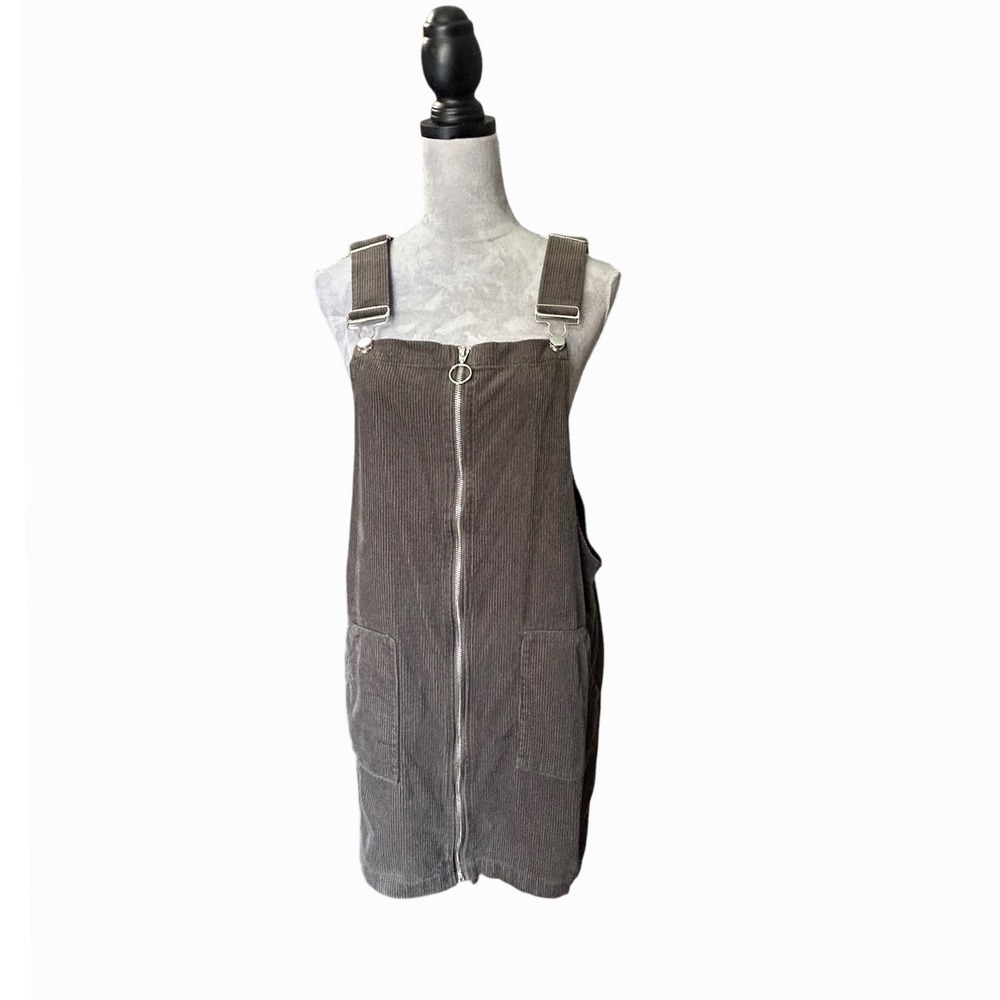 Justify Corduroy Overall Dress Women's L Brown Sleeveless Zip Front Pockets